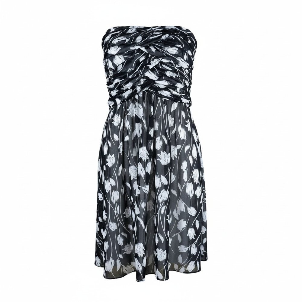 White House Black Market Strapless Black White Floral Cocktail Dress Size 8